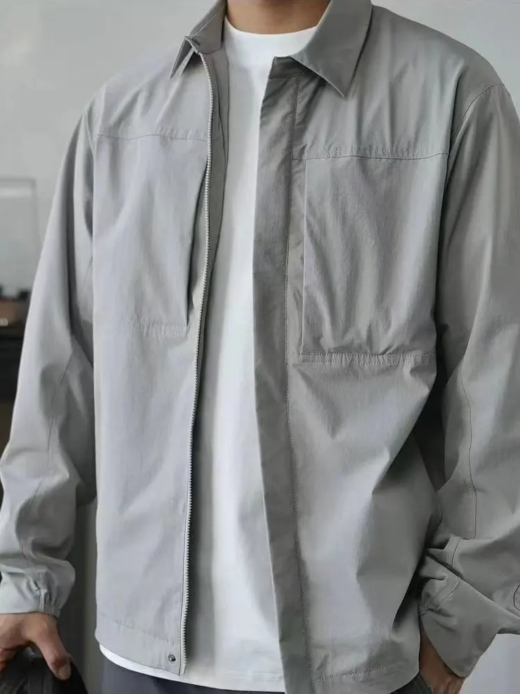 

Men's Casual Loose Fit Long Sve Jaet 2025 Autumn New Sle Faion Pure Color Thin Collar Stand up Versatile Top irt