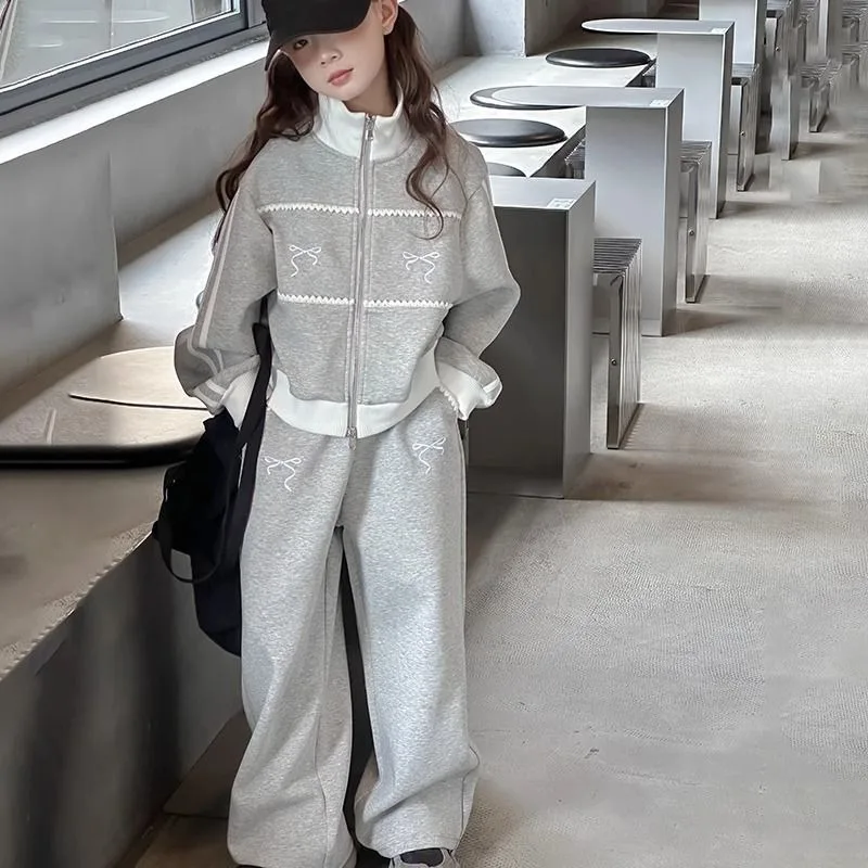 UNITIM Herbst Kinder Mädchen 2-teiliges Kleidungsset Schleifendruck 4-14 Jahre Kinder Mädchen Reißverschluss-Mäntel Anzüge Lose Junior Mädchen Hosen Outfits – Detail 5