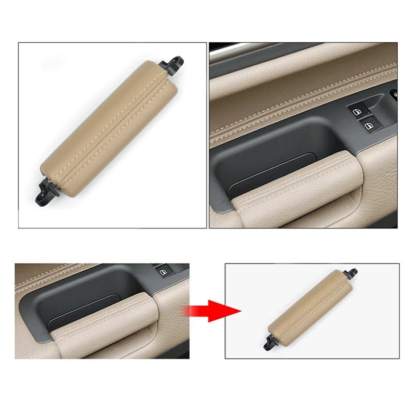 2PCS Car Front Door Handle Pull Trim PU Leather 7L6867161 For VW Touareg 2003-2010 Parts Side Door Handle Inner LHD RHD Beige