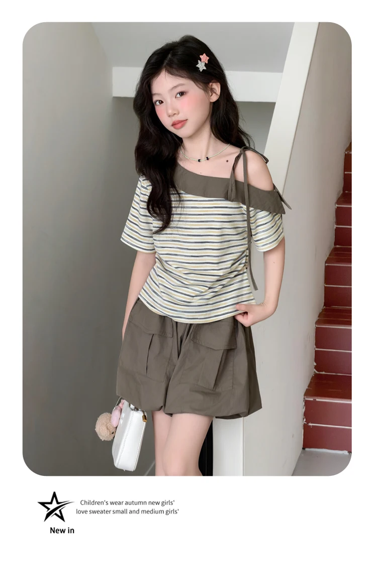 Sommer-Outfits für Teenager-Mädchen: Modisches Schulterfreies Gestreiftes Oberteil + Bloomer-Shorts, Kinderkleidung, Zweiteilige Sets, 6 8 10 12 14 Jahre – Detail 12
