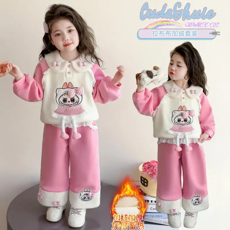 

Girls' Thick Warm Kawaii Anime Sweatshirt 2Pcs 2025 Autumn Winter New Cartoon Fashion Children's Hoodie Set Sweet Casual Clothe