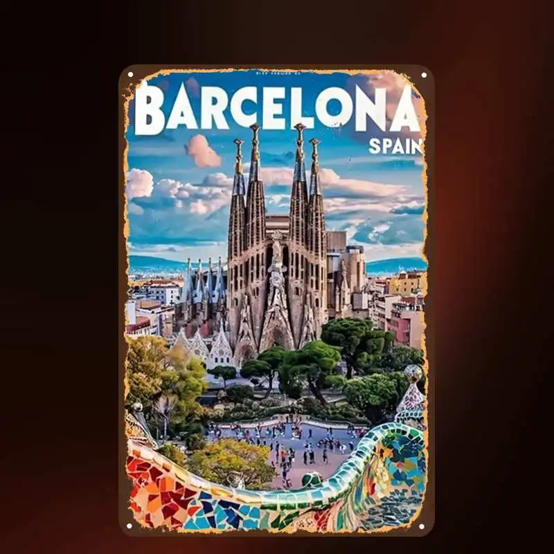 2D Flat, 1pc, Vintage Barcelona, Spain: The Majestic Sagrada Família and Vibrant Cityscape Metal Iron Sign, Pre-Drilled Holes, K