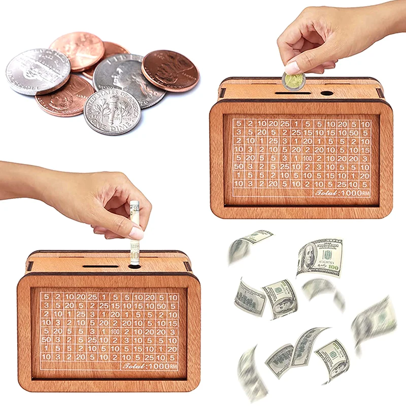 Money Box Piggy Bank Wood Money Bank, Reusable Money Box With Saving Goal And Numbers To Check For Helps The Habit Of Saving