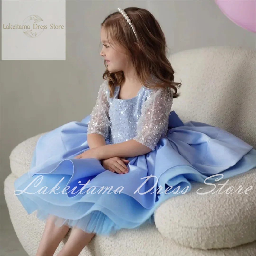 Flower Girl Dresses Satin Tulle Puffy Sequin With Bow Half Sleeve For Wedding Birthday Banquet First Communion Gowns