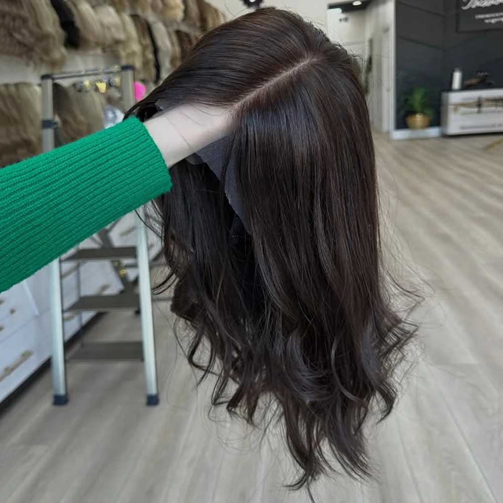 

Темно-коричневый синтетический парик с кружевной передней частью 13x4, с мелированием в оттенке шоколадного коричневого, 18 дюймов, волнистый стиль до плеч, для женщин, из термостойкого волокна