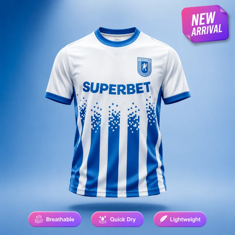 3D Printed Casual Sports Short Sleeved Blue and White Striped Football Jersey Comfortable& Breathable T-shirt for Boys and Girls