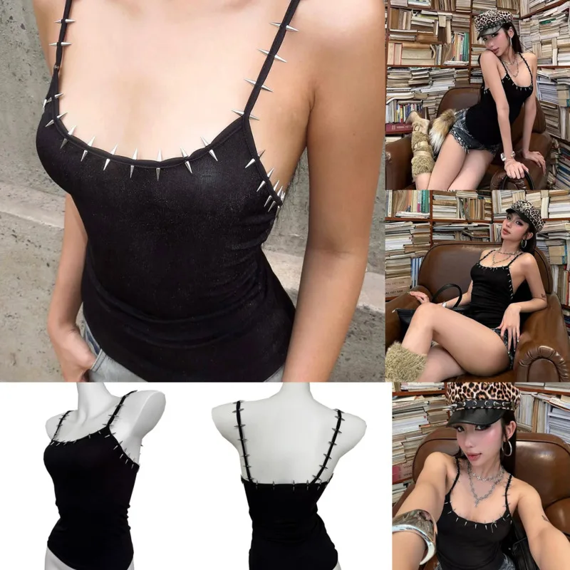 

Rivet Vest Tops&Tees Y2K America Street Hot Girl Pure Desire Sexy U-neck Slim Fit Niche Solid Color Tank Top Women's Top Tee New