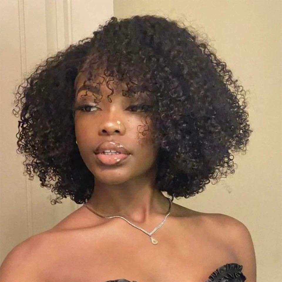 

Короткий афро-каре из натуральных волос с кудрями, омбре и мелированием, с челкой, готовый к носке, без клея, для женщин