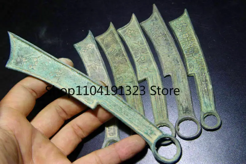 6 шт., китайский бронзовый нож в форме монеты, старая династия, античная валюта, сбор наличных