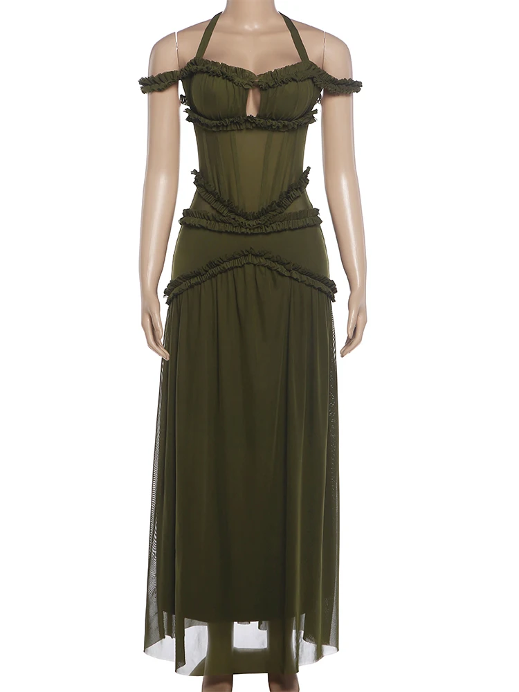 Weird Puss Rüschenrand-Patchwork-Kleid für Damen, elegant, mit schrägem Ausschnitt, Bandagen, rückenfrei, ärmellos, für Urlaub, Party, Mode, figurbetont – Detail 3