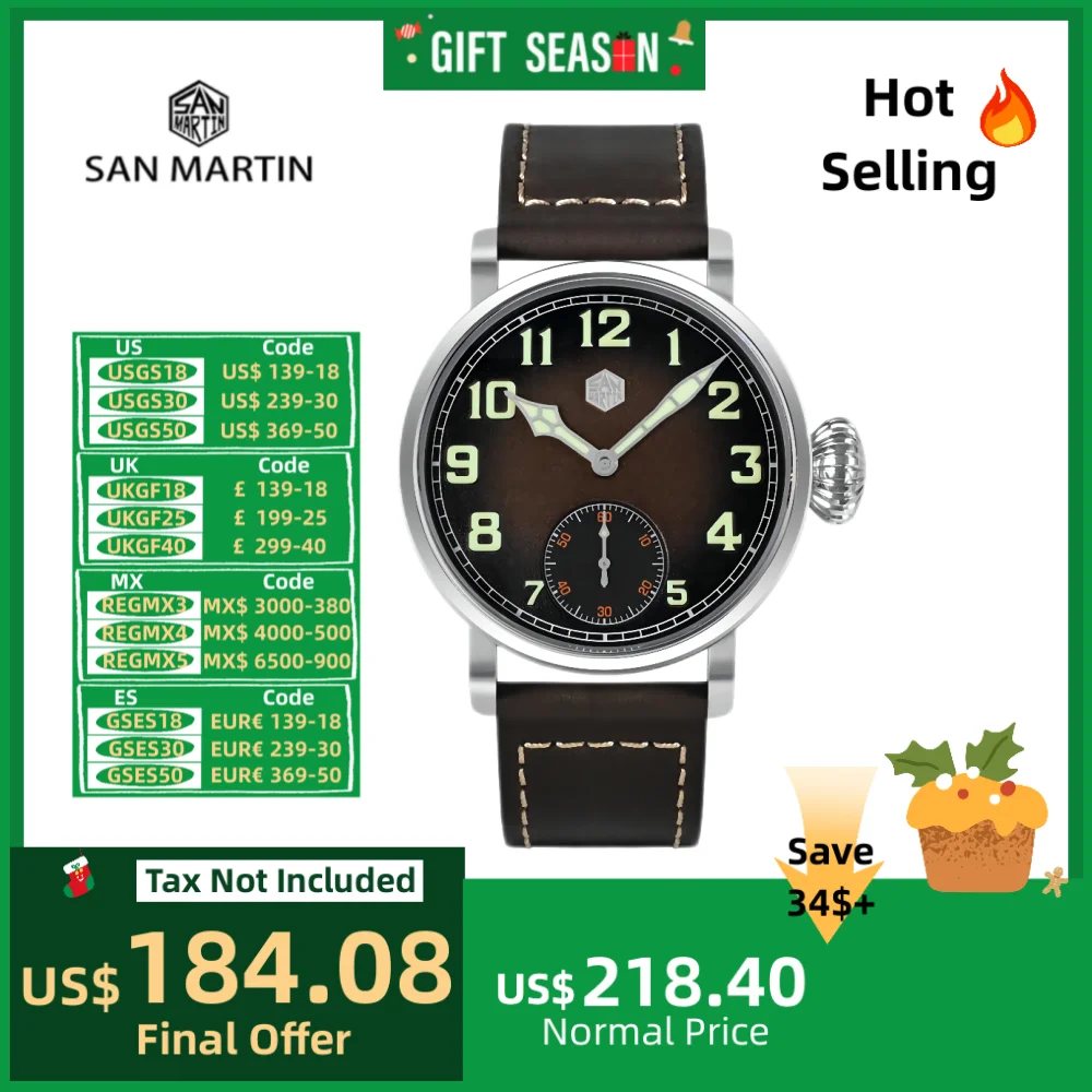 San Martin 45mm Bronze/Steel Mechanical Watch For Men Waterproof Wristwatch Retro Pilot ST3621 Luxury Saat Luminous 10Bar SN0095