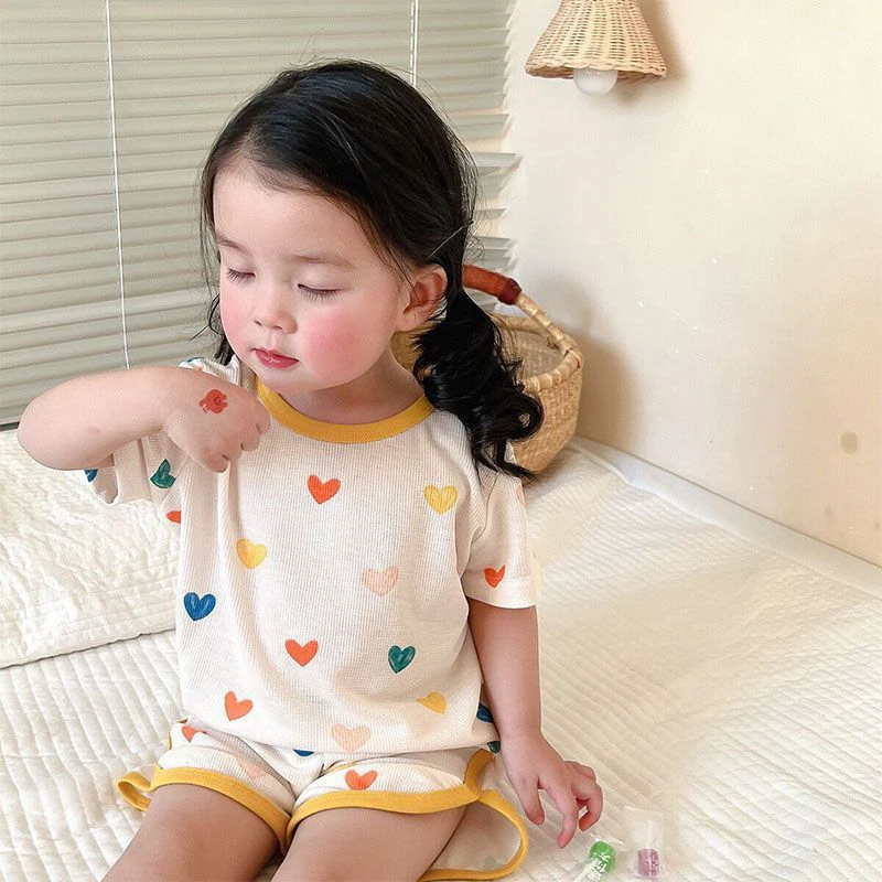 1 set Boys And Girls Pajamas Summer Fashion Ice Silk Thin Home Clothes Baby Short-sleeved Shorts 2-piece Air-conditioned Clothes