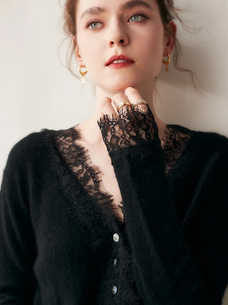 

Elegant Women‘s 100% Cashmere Sweater Lace V-Neck Autumn Winter Cardigan England Style Soft Breathable Knitted Tops Inside Join