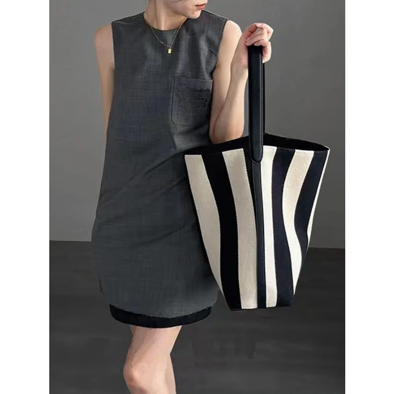 

Черно-белая полосатая женская сумка-тоут, модные женские сумки на плечо, большая вместительная сумка для покупок, повседневная сумка для пикника