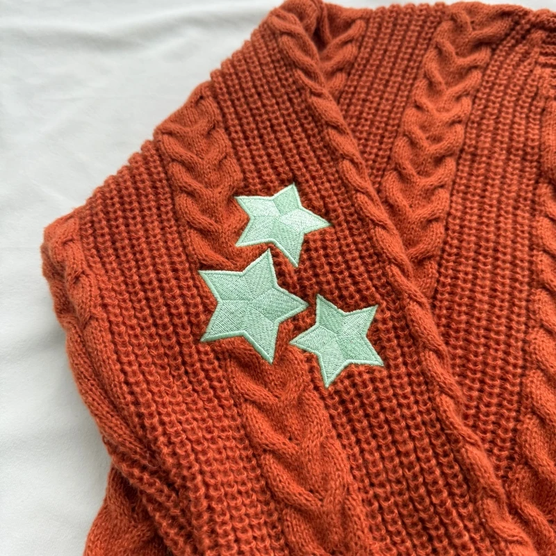 Showgirl Orange Knitted Cardigan Women Mint Green Star Embroidery Sweater Shiny Buttons Cable Knit Cardigans Daily School Tops - view 2