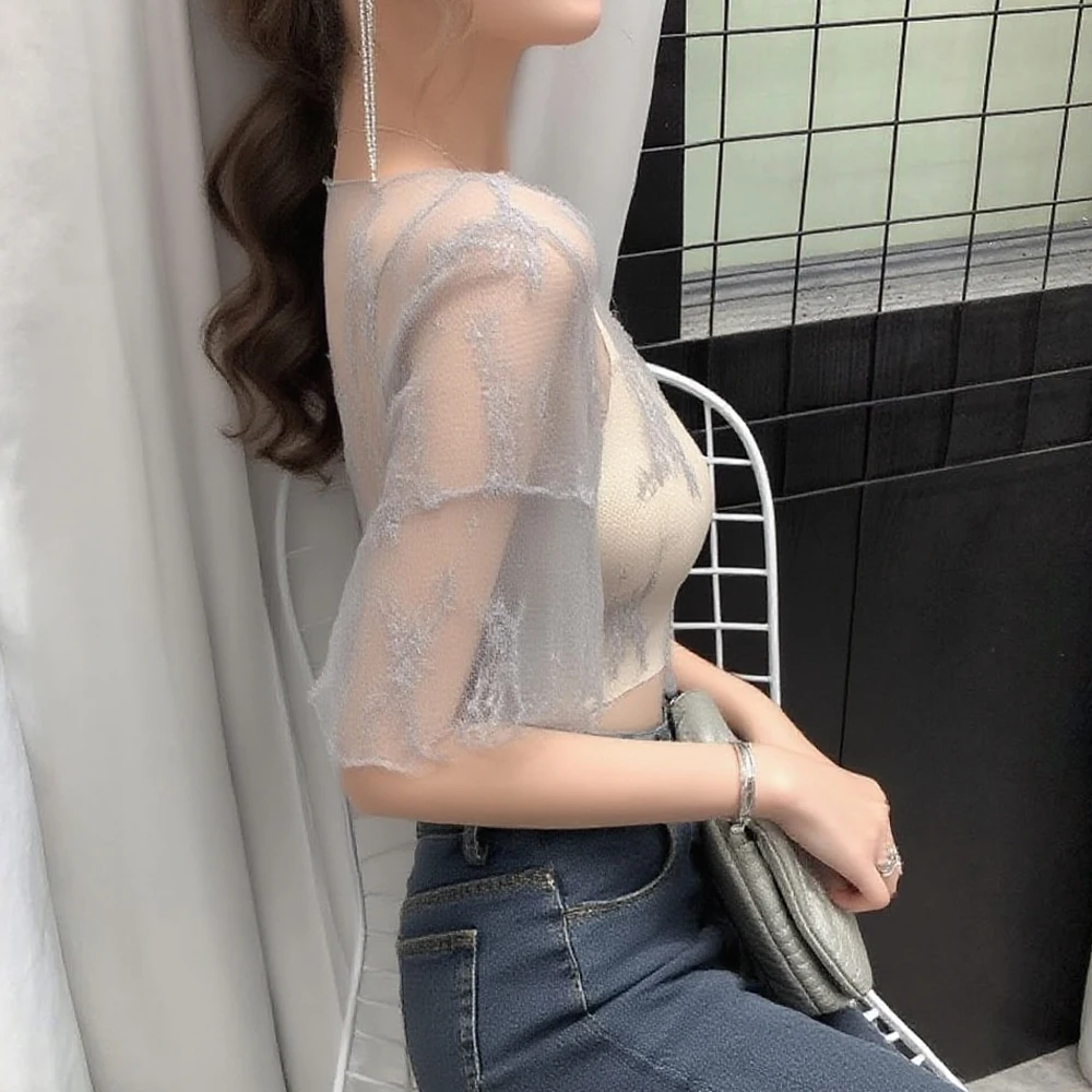 

Flare Short Sleeve Shirt Girl Y2K See Through Transparent T Shirt Women S-XL Edible Tree Fungus Elastic Lace Top Female Blouses