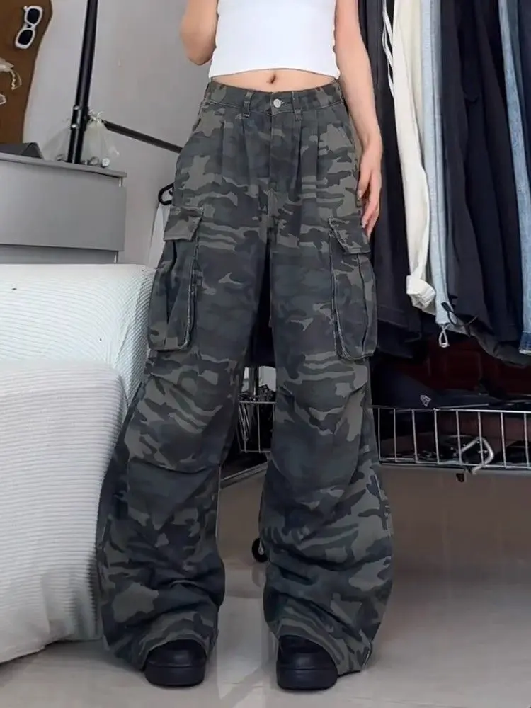 

American Vintage Camo Cargo Jeans with Pleats Multi-Pockets Y2K Streetwear Hip Hop Loose Straight Leg Denim Pants