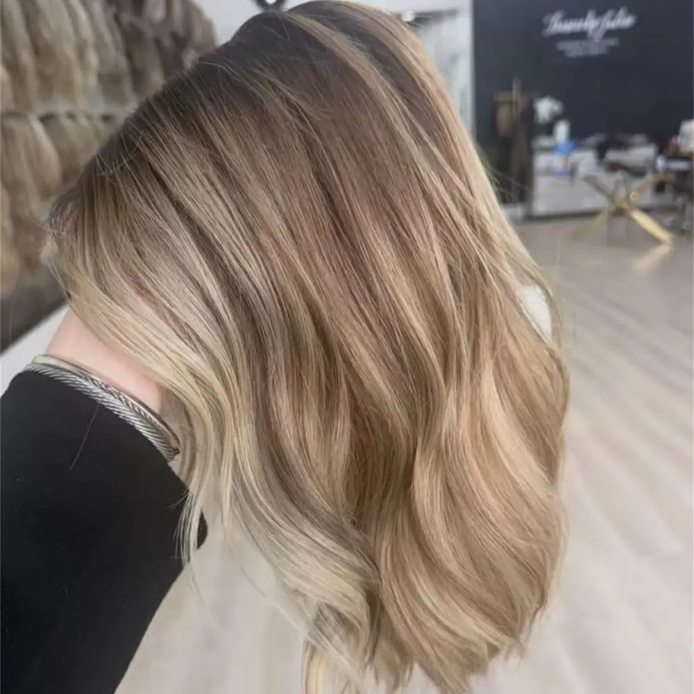 Short Wavy Blonde Highlight Synthetic Lace Front Wigs 13x4 Dark Roots Ash Blonde Blend Human Hair Wig For Women Daily Use