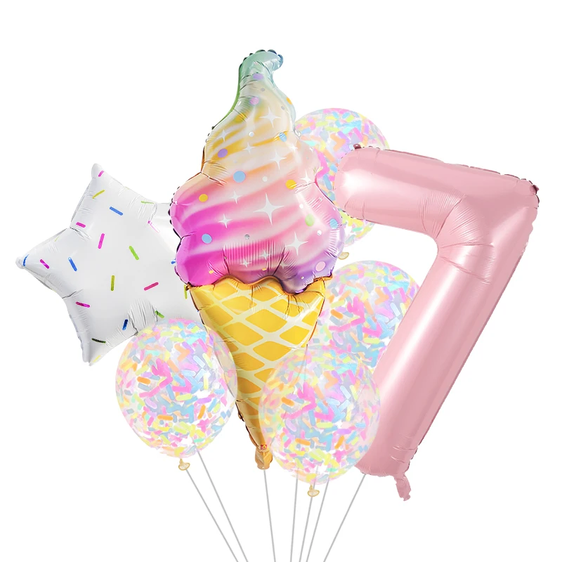 7pcs Donut Ice Cream Balloon Pink Number 0-9 Balloon Set Candy Confetti Balloon Birthday Party Decoration