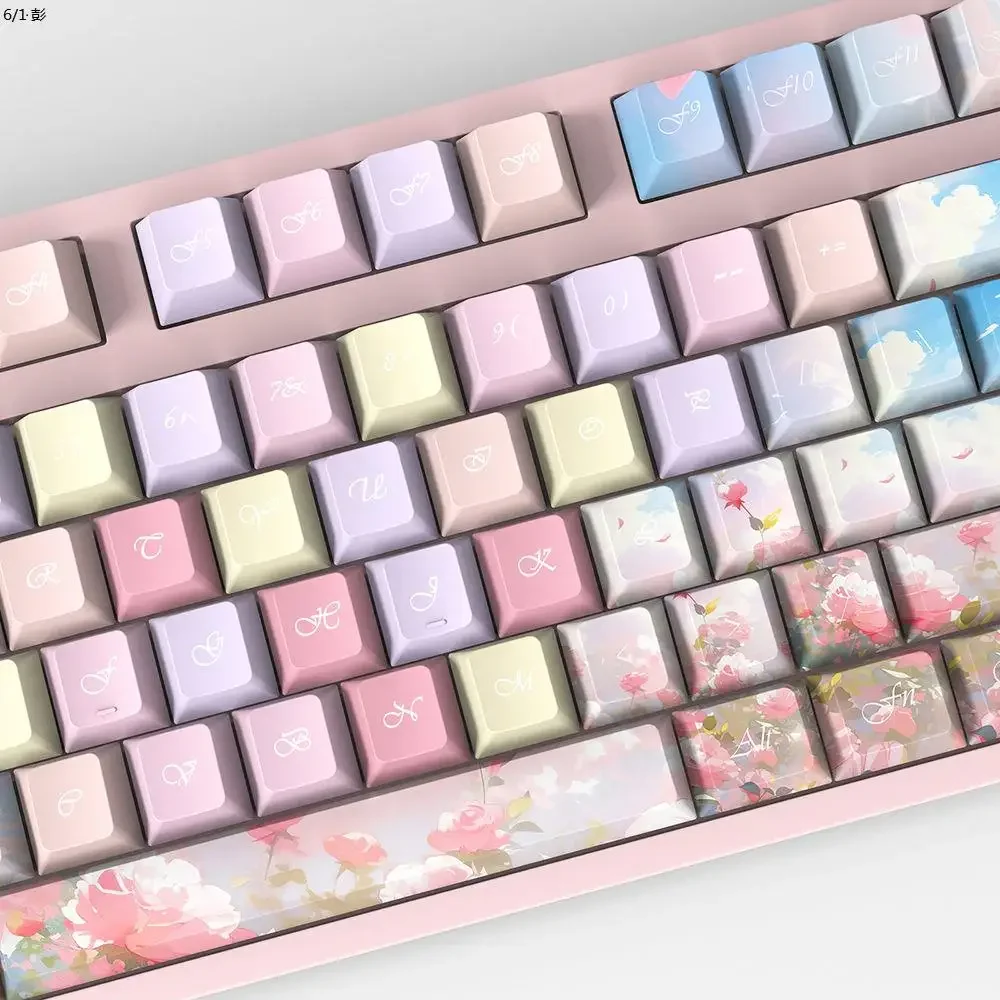 Colorful Rose Keycap Side Engraved Transparent Keycap Engraved Compatible 68/75/87/96/98/104/Mechanical Keyboard