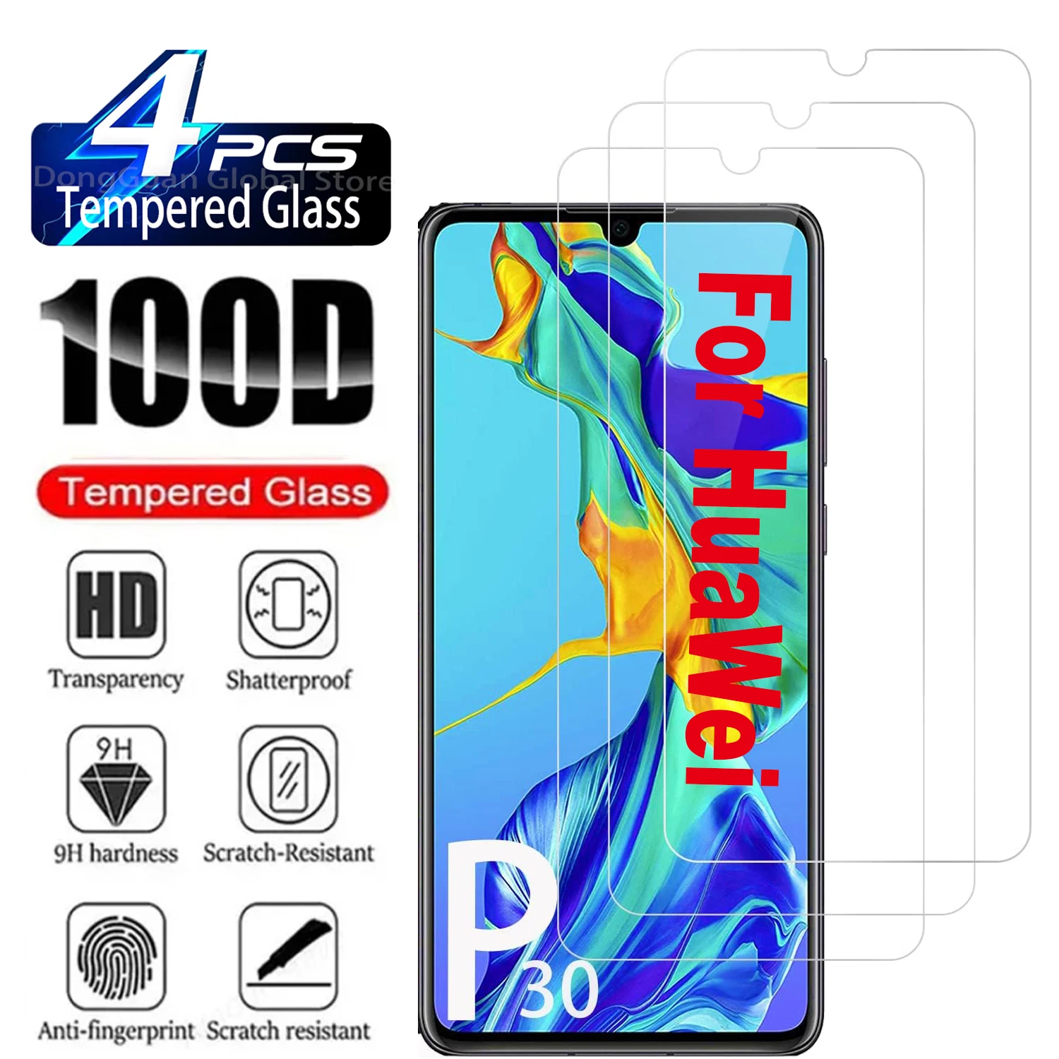 

For HuaWei P30,Tempered Glass, 2/4Pcs 9H HD Screen Protector