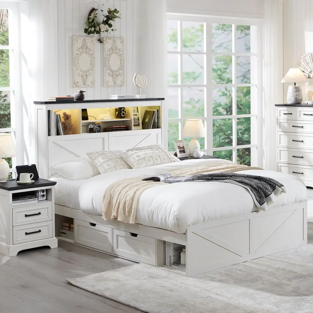 

Farmhouse Full Size Bed Frame with 52 Tall Storage Headboard and LED Light, Wood Platform Bed with 4 Drawers, Charging Station,