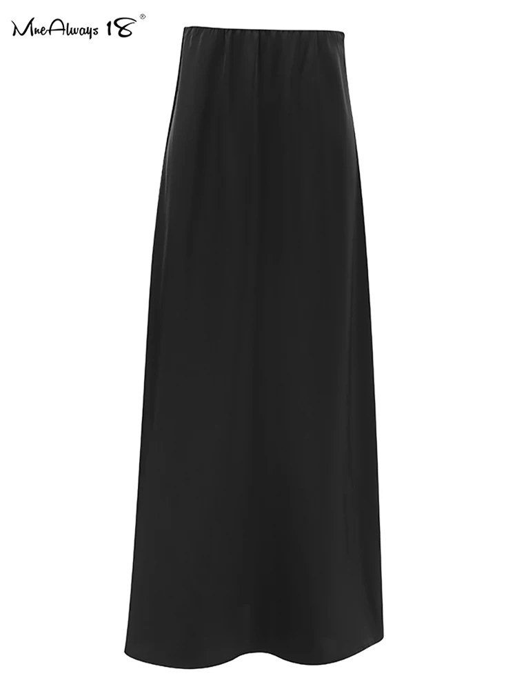 Mnealways18 Black Satin Floor-Length Skirts Women Summer 2024 High Waist Casual Long Skirts Office Ladies Flowing Midi Skirts