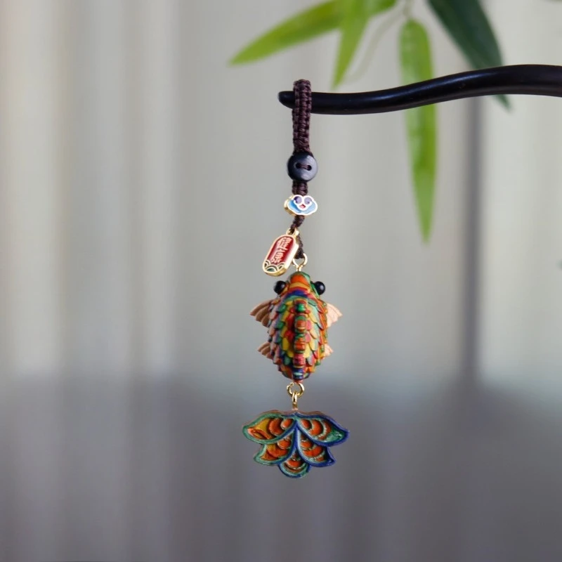 Hand Carved Wooden Rainbow Goldfish Keychain - Lucky Fish Charm Key Ring, Traditional 