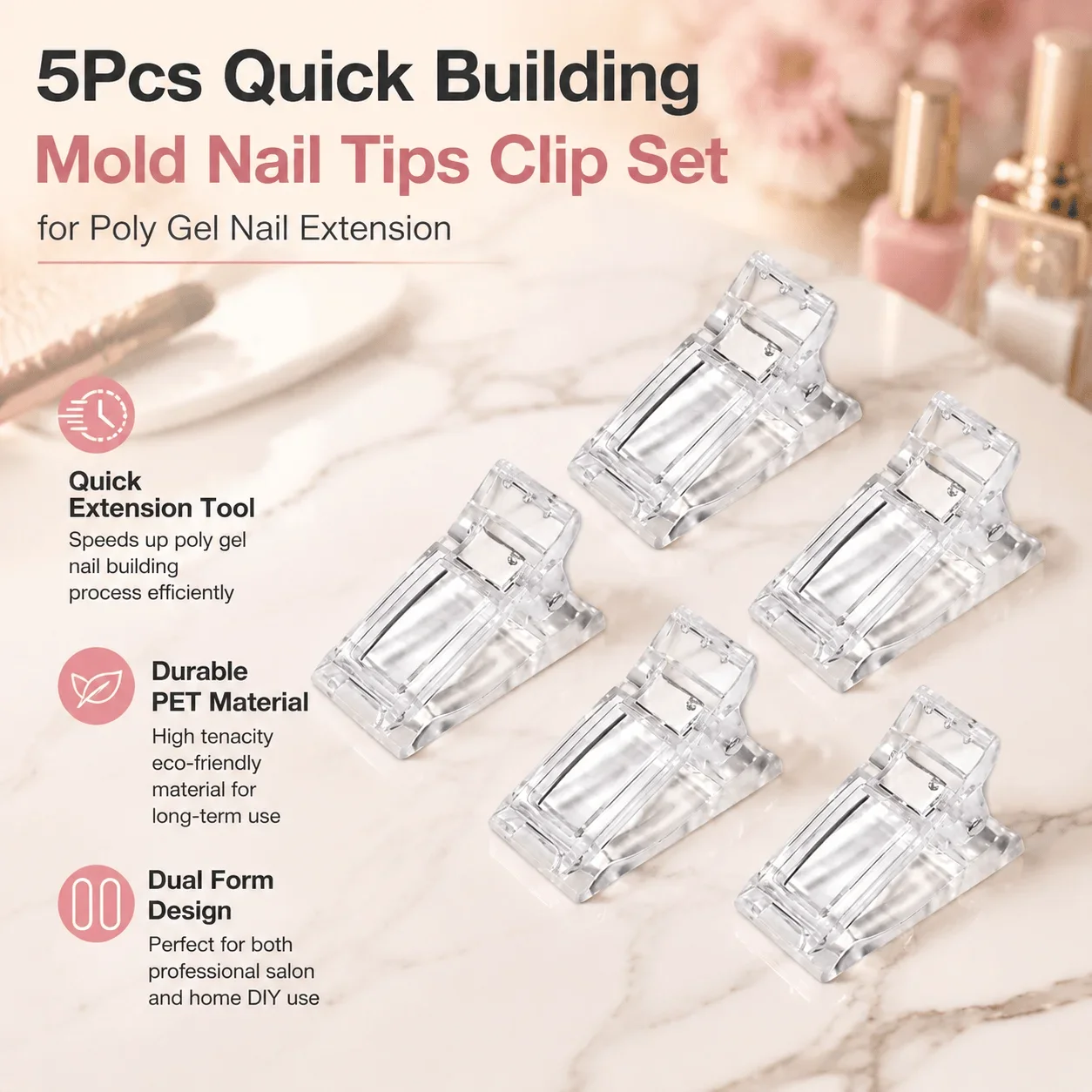 Nail Extension Tool Dual Forms Poly Gel Mold 5Pcs Set Durable PET Material Acrylic UV Builder Gel Quick Building Nail Tips Clip Forms Reusable Nail Art Kit Accessories For Nail Technician Professional Salon Home DIY Manicure Supplies Equipment