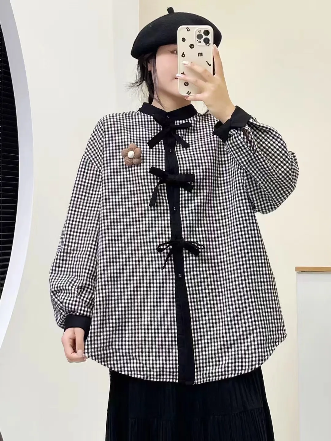 Hoge kwaliteit dames 100% katoenen blouse shirt geruite fleece lange mouw OL elegant shirt dames strik sluiting 2025 top shirts