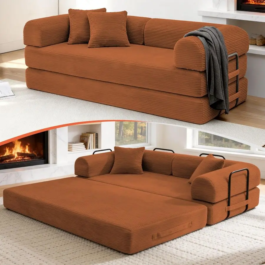 

79 Corduroy Sofa Bed,Boneless Couch in a Box with 2 Pillows,HighDensity Foam 4in1 Foldable Sleeper Futon Loveseat for Small Sofa