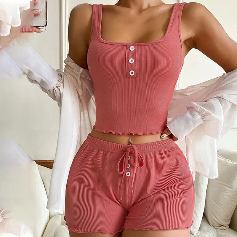 بيجامة أوروبية وأمريكية بدون أكمام عبر الحدود للسيدات ذات أزرار صدر مفتوحة وسروال قصير ملابس للاستلقاء جاكار مضلع