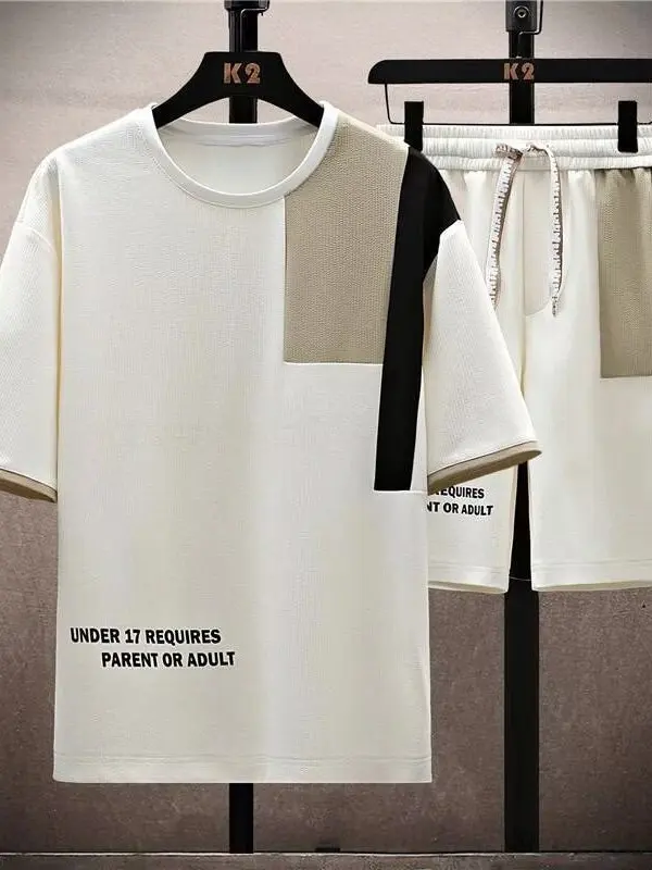 メンズカジュアルスポーツウェアセット-アイスシルク半袖tシャツ-ショートパンツ-ツーピーススーツ-夏新作-ポリエステル繊維-ユース向け