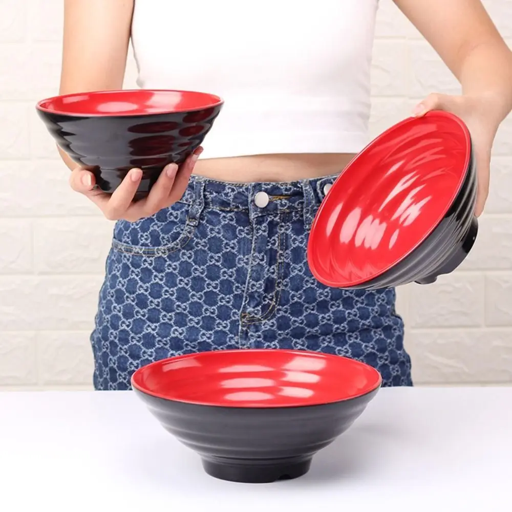 Tableware Melamine Ramen Bowl Ring Striped Pattern Red and Black Fruit Salad Bowl Japanese Style Heat Safe Soup Bowl Commercial