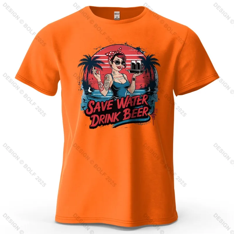Save Water Drink Beer Printed Men's and Women's Fashion Trend Short Sleeve Summer New Soft Skin Friendly Casual T-shirt