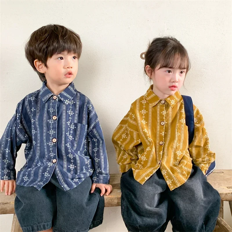 

Children Retro Clothing 2023 New Fashion Kids Long Sleeve Shirts Spring Autumn Korean Style Boys Clothes Tops Girl Cotton Blouse