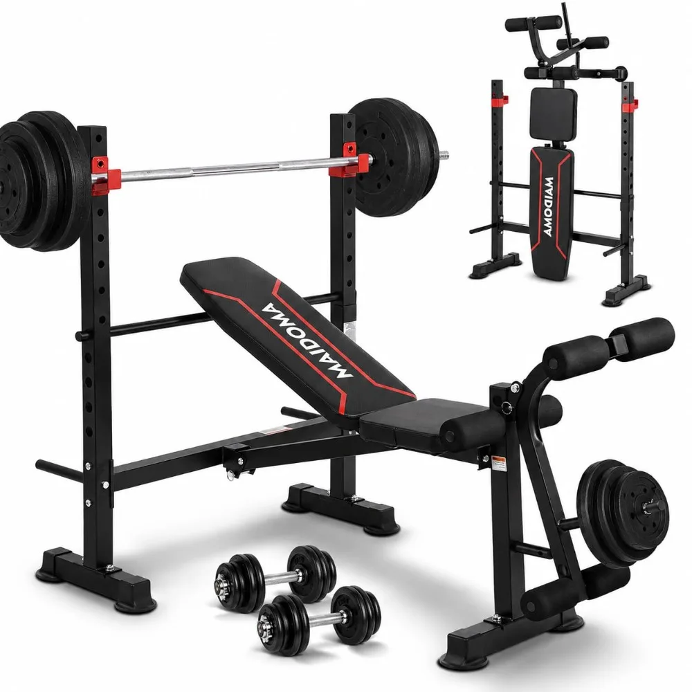 

750LBS Standard Weight Bench Set with Leg Extension and Leg Curl, Adjustable Bench Press with Squat Rack, Foldable, Customized