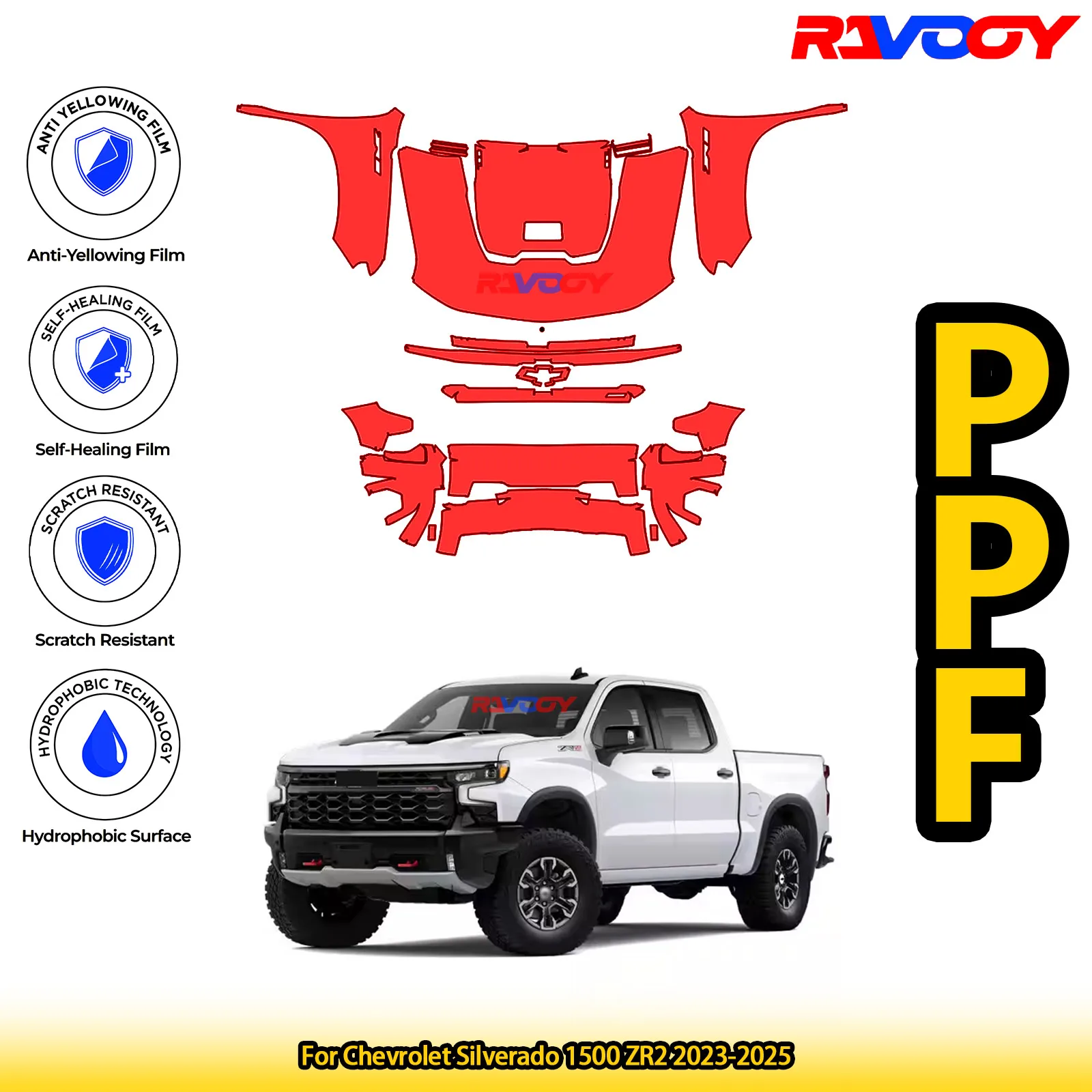 

For Chevrolet Silverado 1500 ZR2 2023-2025 Glossy Matte Black Precut front PPF Kit Paint Protection Film