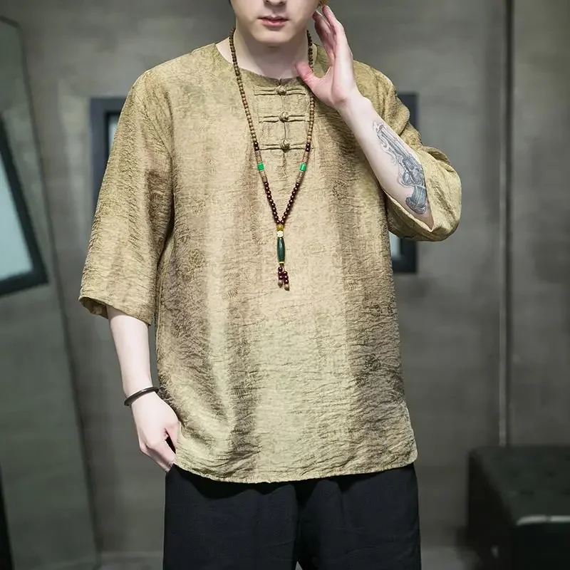 Men's Chinese Style Round Neck Half Sleeve Shirt Frog Button Textured Casual Top for Daily