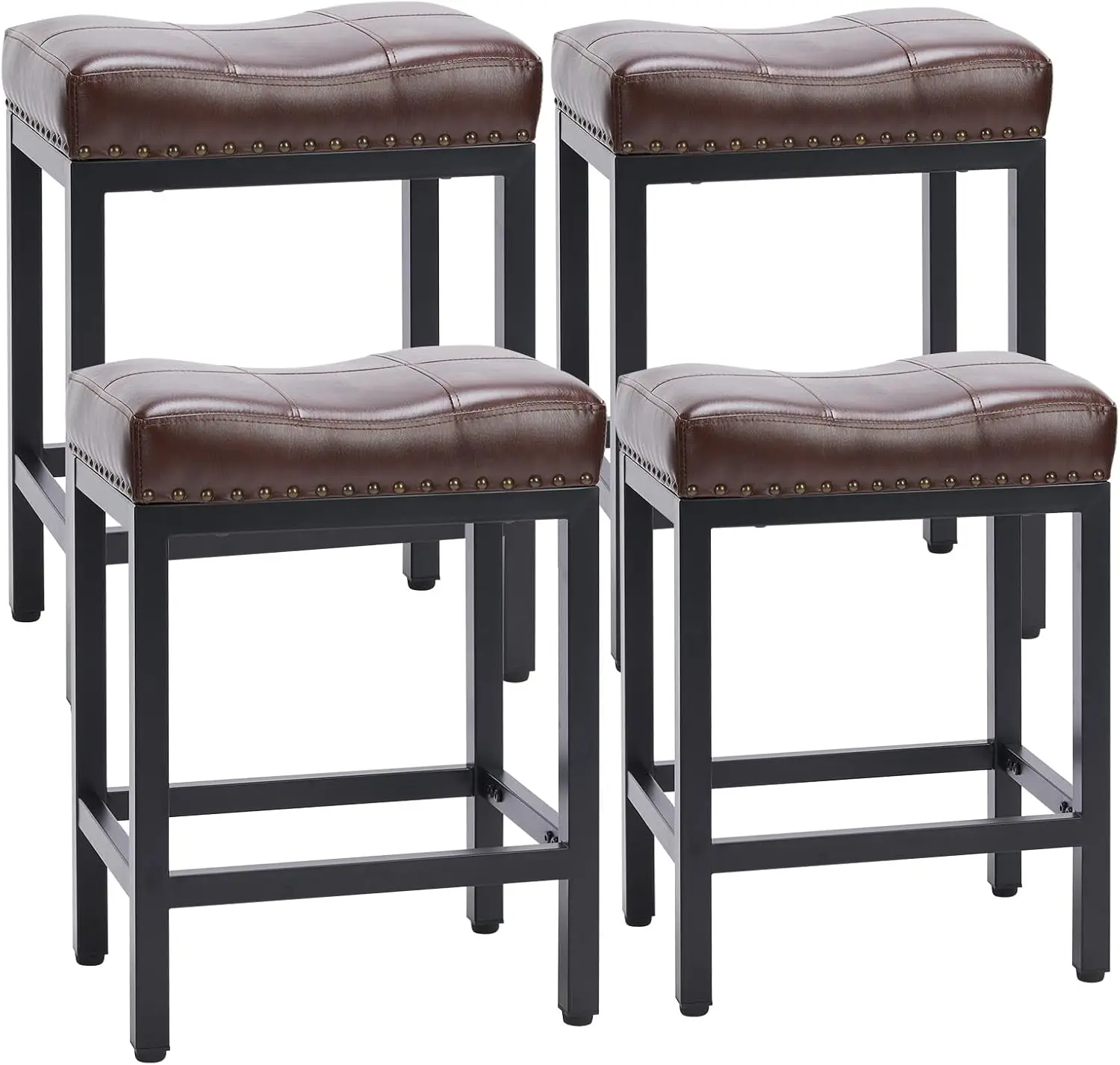 24 Inch Bar Stools Set of 4, PU Leather Counter Height Stools | Upholstered Modern Saddle Barstools with Metal Base