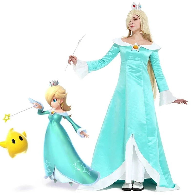 Galaxy Rosalina Cosplay Kostuum Met Kroon Oorbellen Vrouw Lichtblauwe Jurk Halloween Party Outfit