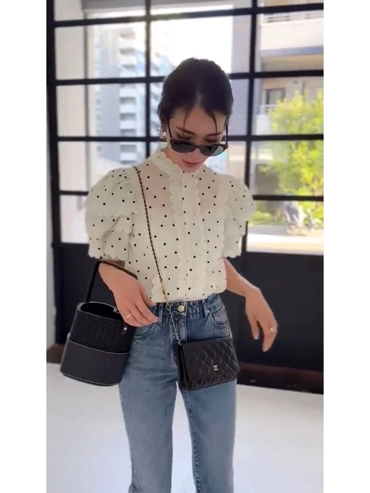 Early Spring French Unique Top Small High Level Design Beautiful White Dotted Bubble Sleeve Shirt Female