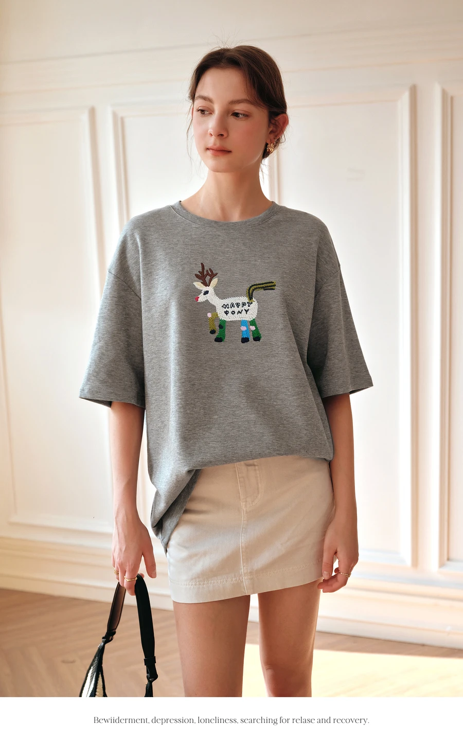 OLrain Zomerkleding Vrouw 2025 Grijs O-hals Oversized Geborduurd Patroon Drop Mouwen Dames Korte Mouw Tops O57XT99219