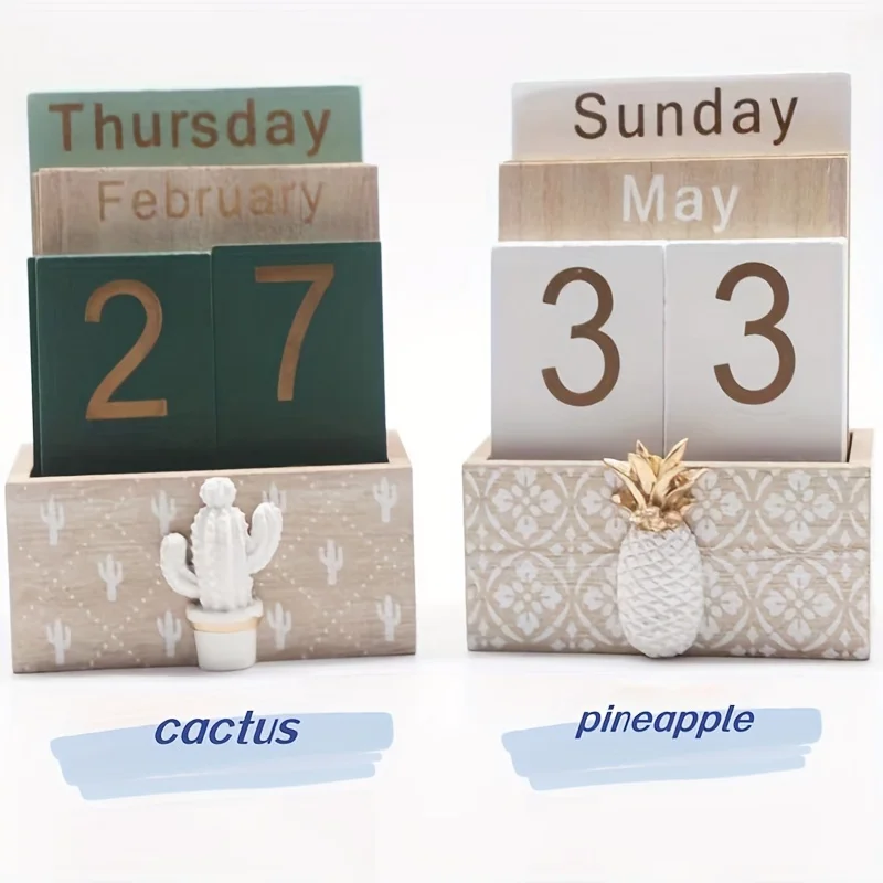 

Wooden Perpetual Desk Calendar with Cactus or Pineapple Decor, Office Tabletop Decoration, Countdown Blocks for Daily Use