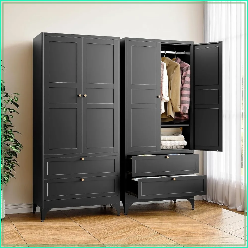 71'' Metal Wardrobe with 2 Drawers & Hanging Rail, Adjustable Shelves, Easy Assembly, Black