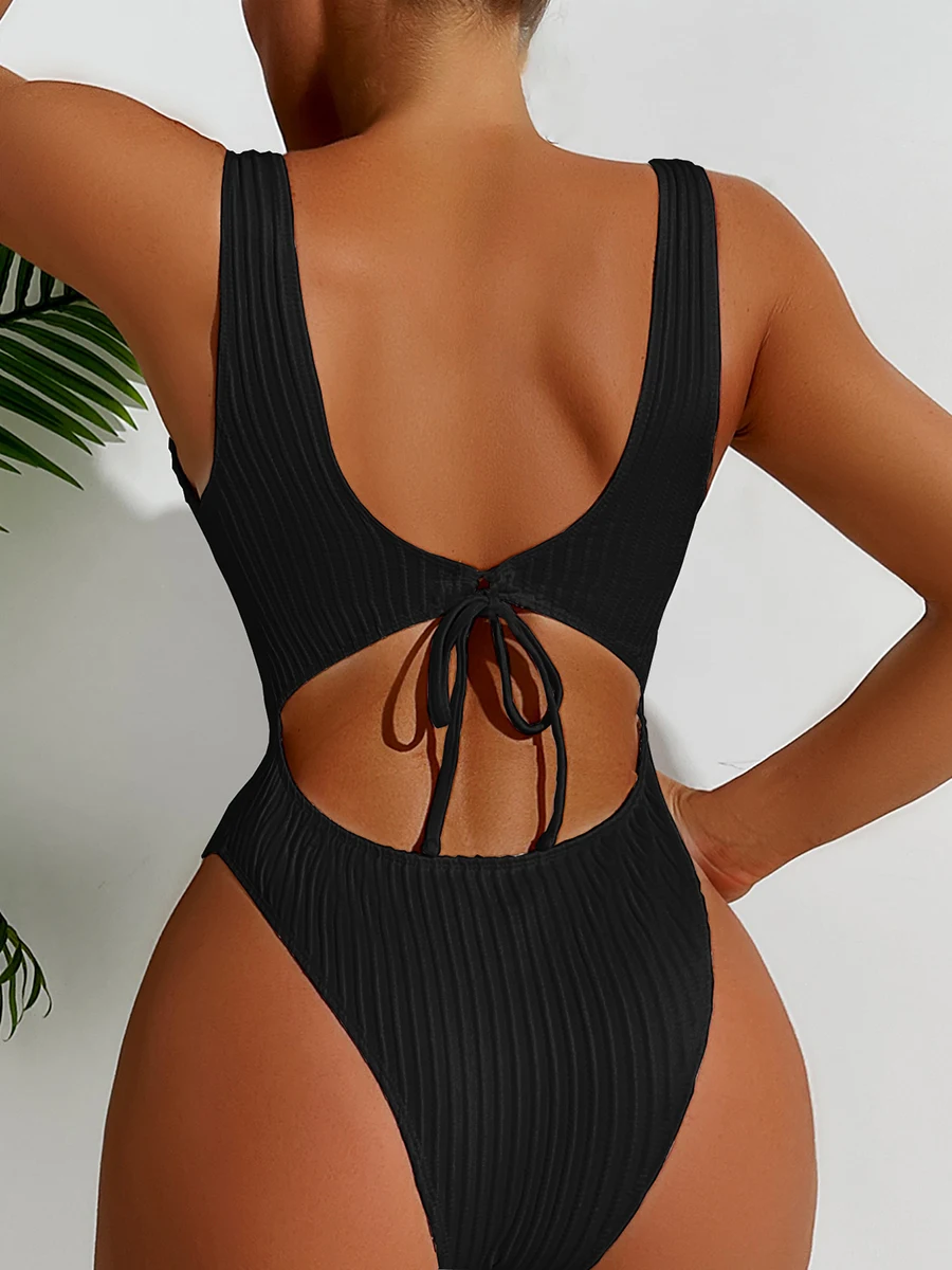 Sexy Wrinkled Crinkled Backless Women Swimwear One Piece Swimsuit Female High Leg Cut Bather Black White Bathing Suit Beachwear