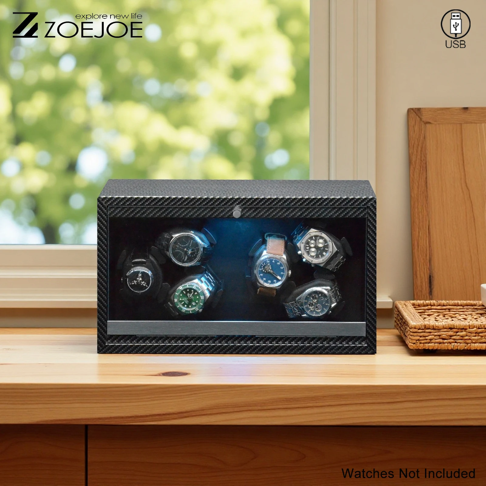 

ZOEJOE 6 Slots Watch Winder, Carbon Fiber Finish, LED Light, Quiet Motor, Watch Display Box for Automatic Mechanical Watches