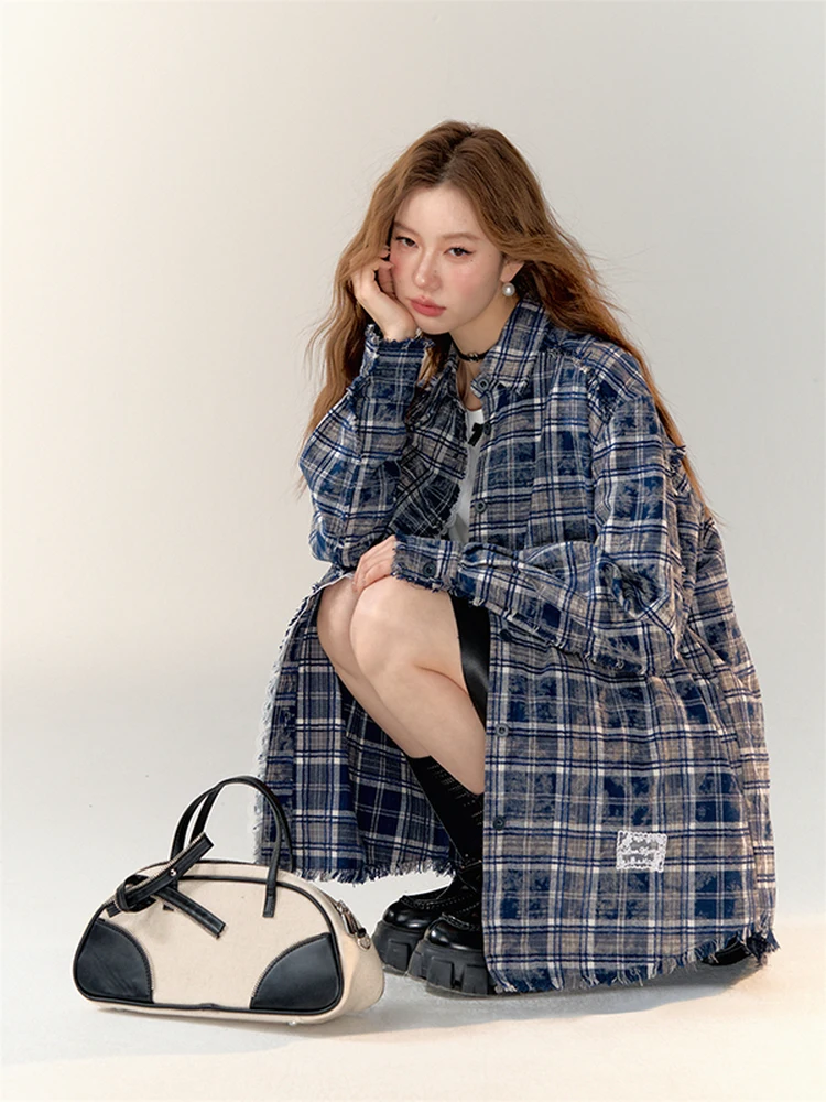 

AsGony Lace Patchwork Brued Plaid Long Sve Collared irt American Retro Design Early Autumn Women's Casual Loose Fit irt