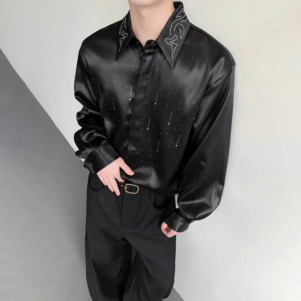 

Autumn Men's Rhinestone Long-Sleeved Shirt Korean Retro Fashion Trend Street Loose Casual Breathable Niche Men's New Tops