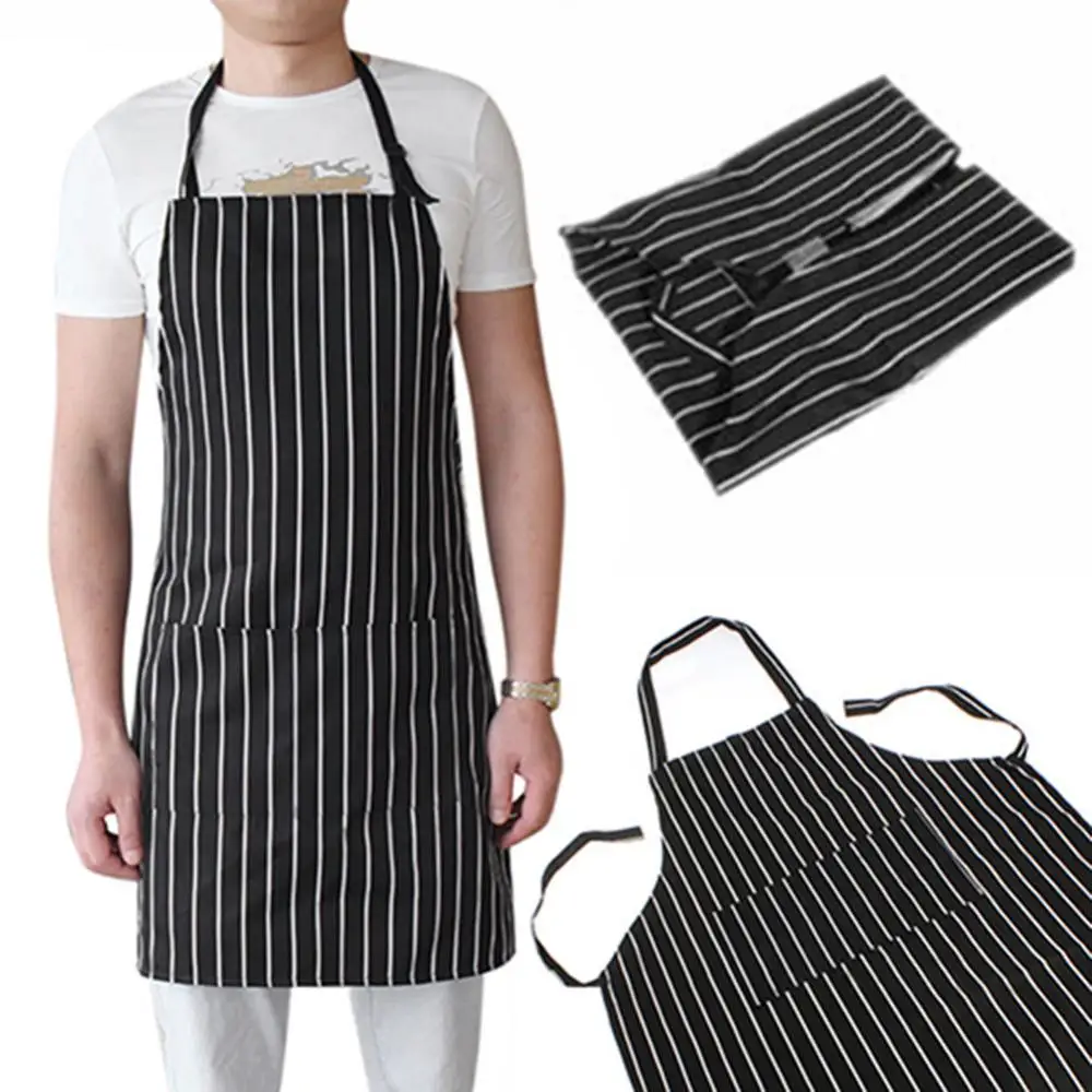 Black Stripe Bib Apron With 2 Pockets Chef Waiter Kitchen Cook Kitchen Aprons For Woman Men Cafes Beauty Nails Shop Apron